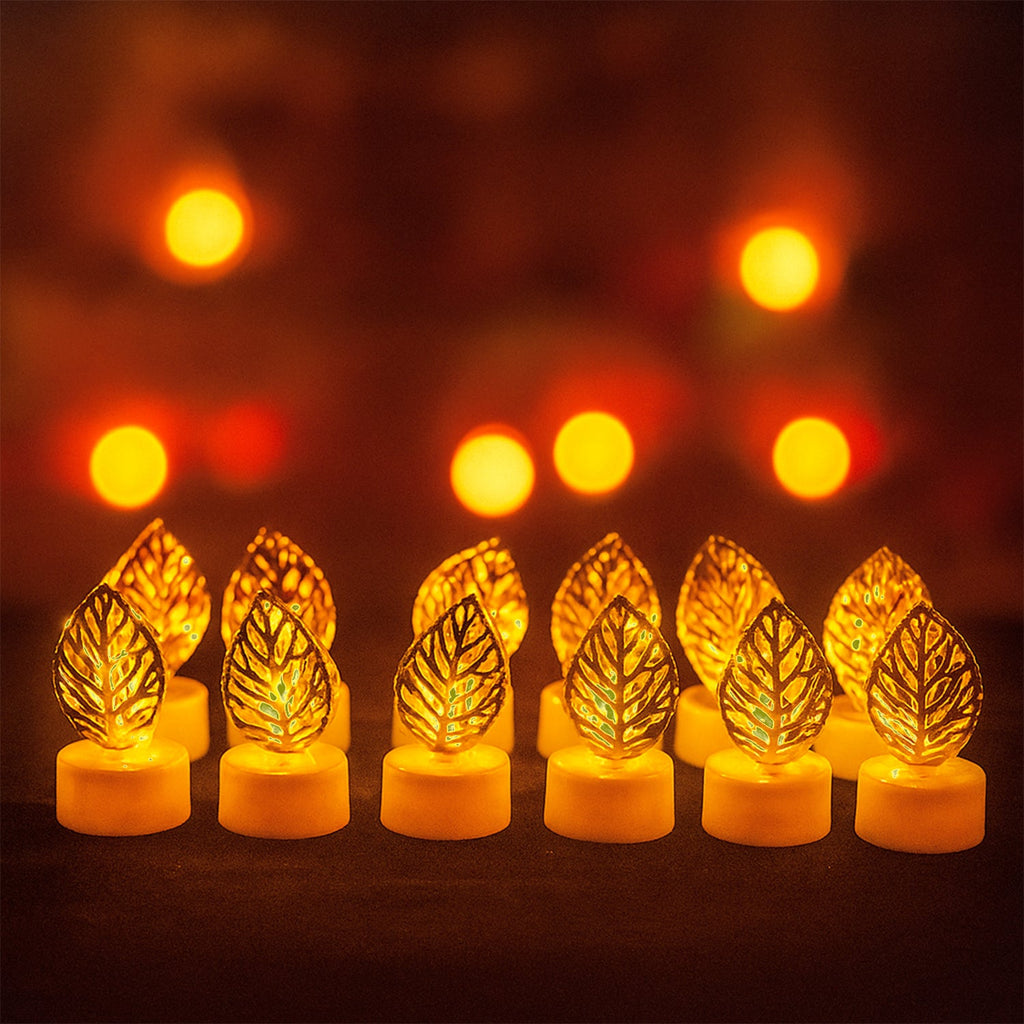 Golden leaf flameless LED candle showcasing intricate design details