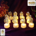 Set of 12 flameless LED candles with golden leaf design emitting flickering light