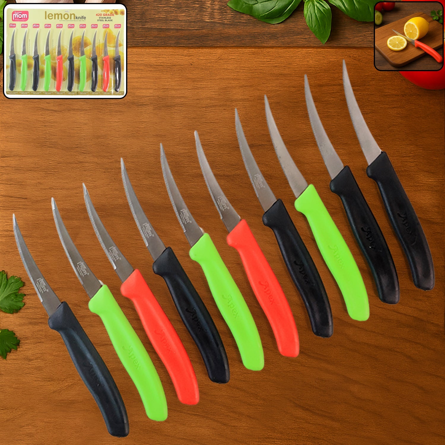 Supermom lemon knife set featuring 10 stainless steel knives with ergonomic handles