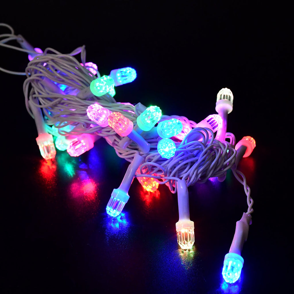 Vibrant multi-color LED string lights wrapped around balcony railing