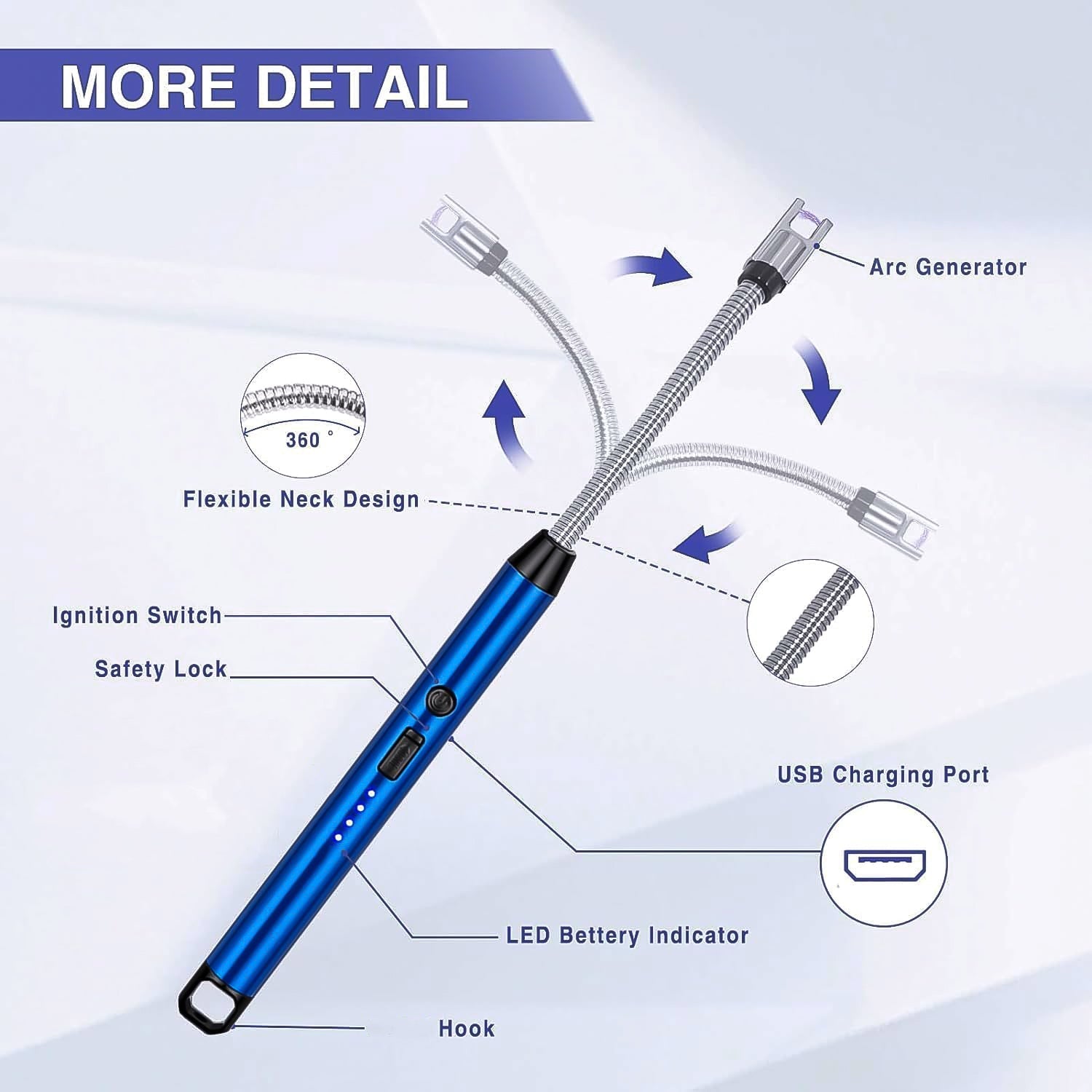 Long neck metal USB rechargeable electric arc lighter for easy access in tight spaces