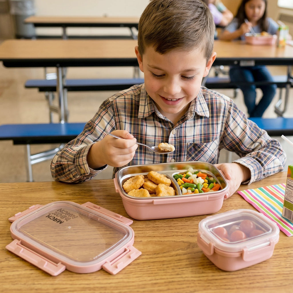 Compact stainless steel lunch box fitting easily into school bag