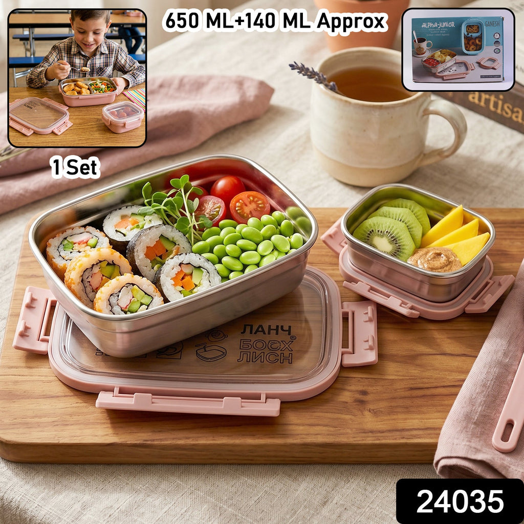 Open stainless steel kids lunch box showing compartments