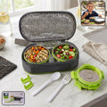 Stainless steel lunch box set with two round containers, insulated carry bag, and cutlery for daily use