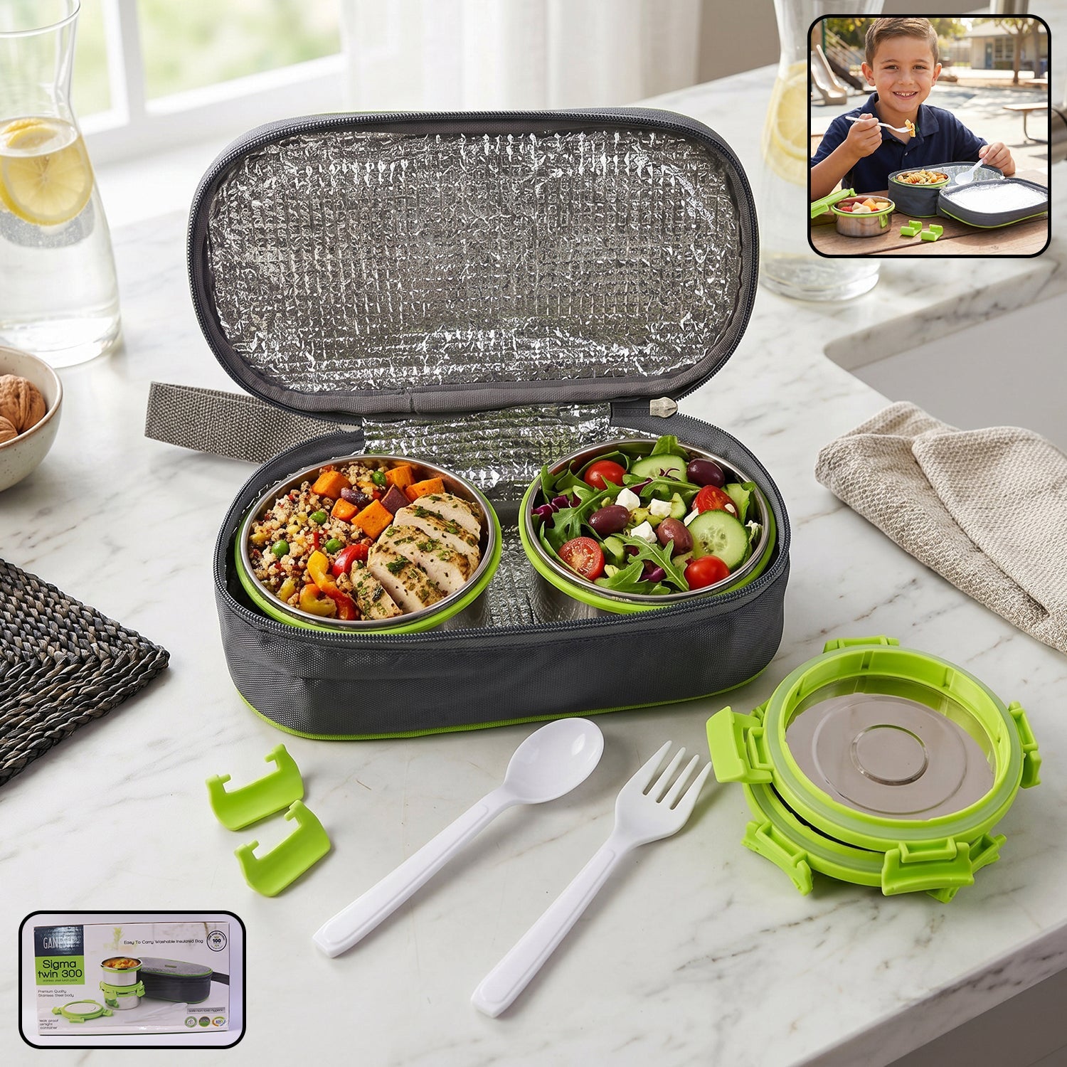 Stainless steel lunch box set with two round containers, insulated carry bag, and cutlery for daily use