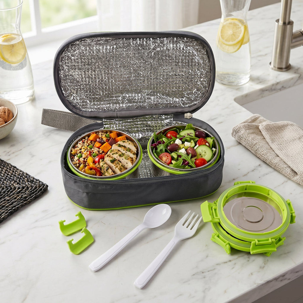 Portable stainless steel lunch box with zipper carry pouch