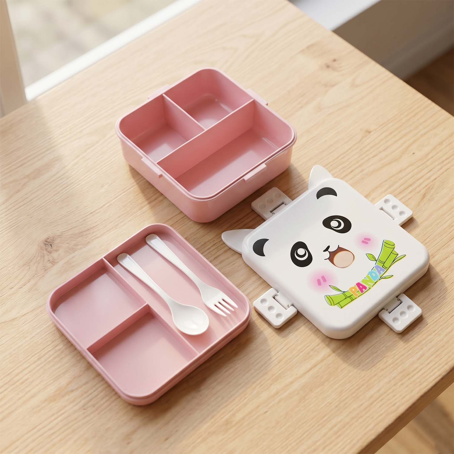 Side view of panda kids lunch box showing compartments