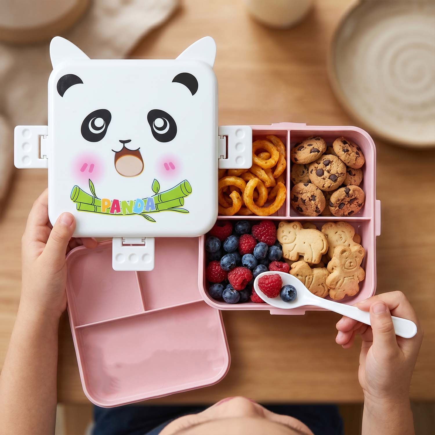 Kids lunch box with compartments, panda face design