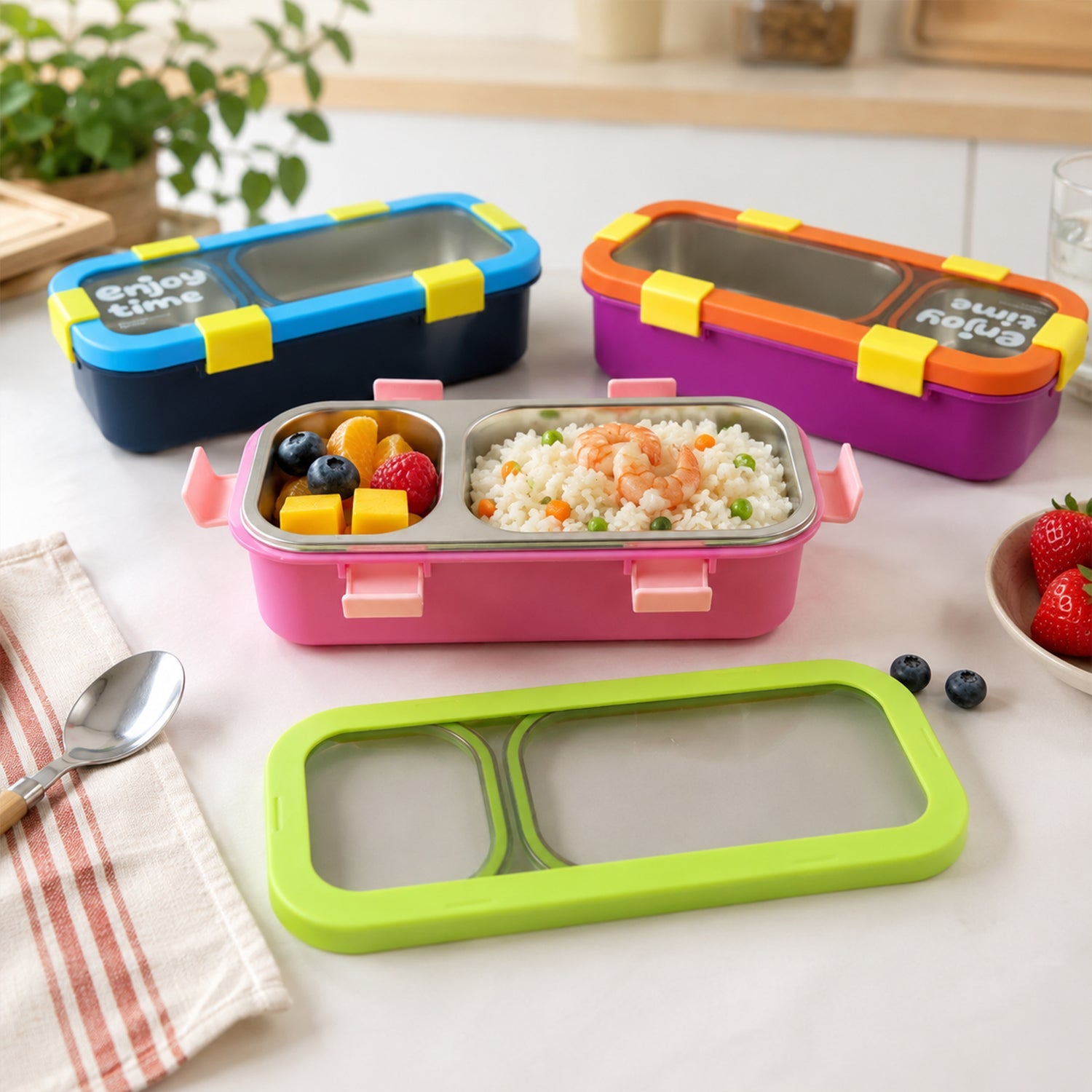 Food storage lunch box with two compartments and utensils