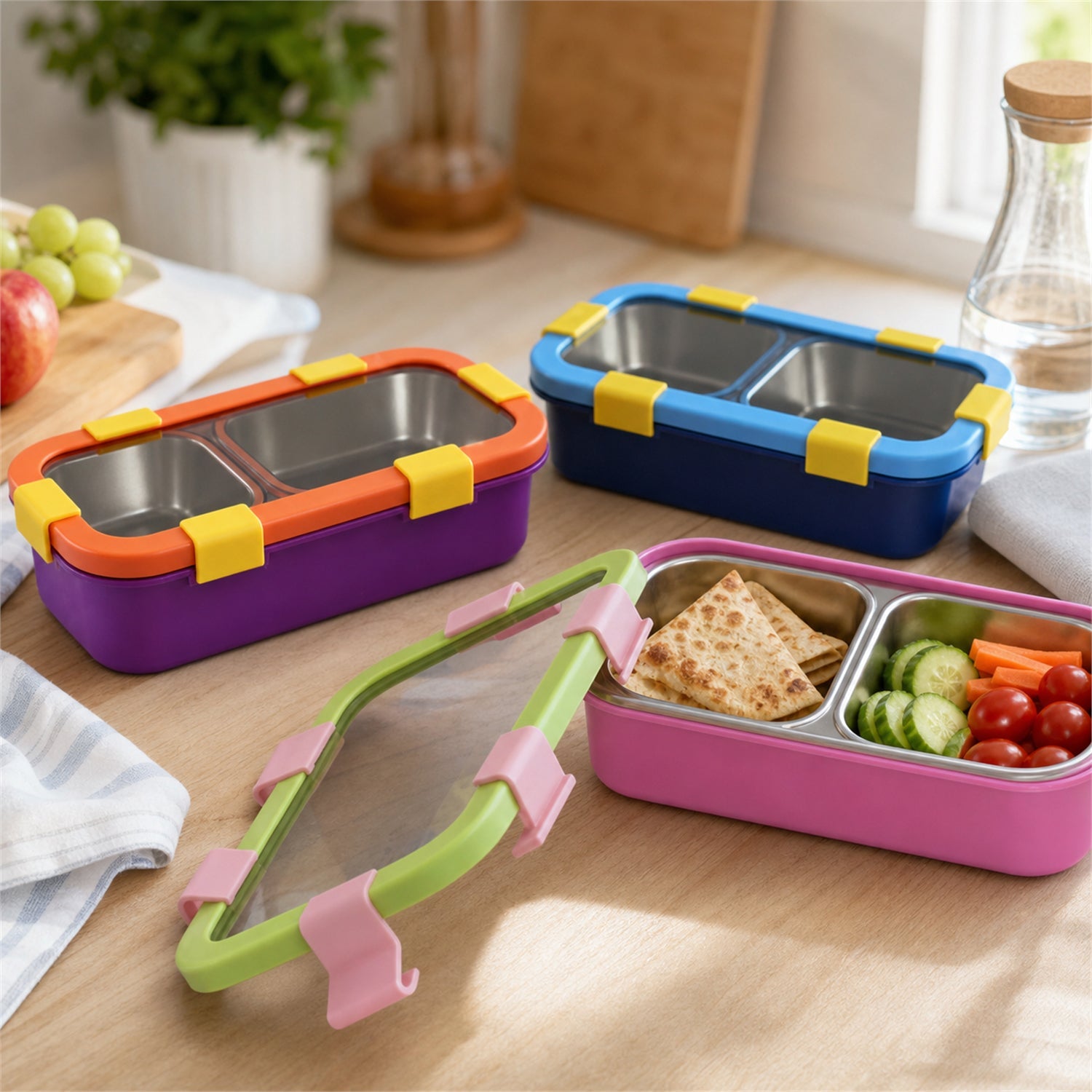 Bright colored stainless steel lunch box with compartments