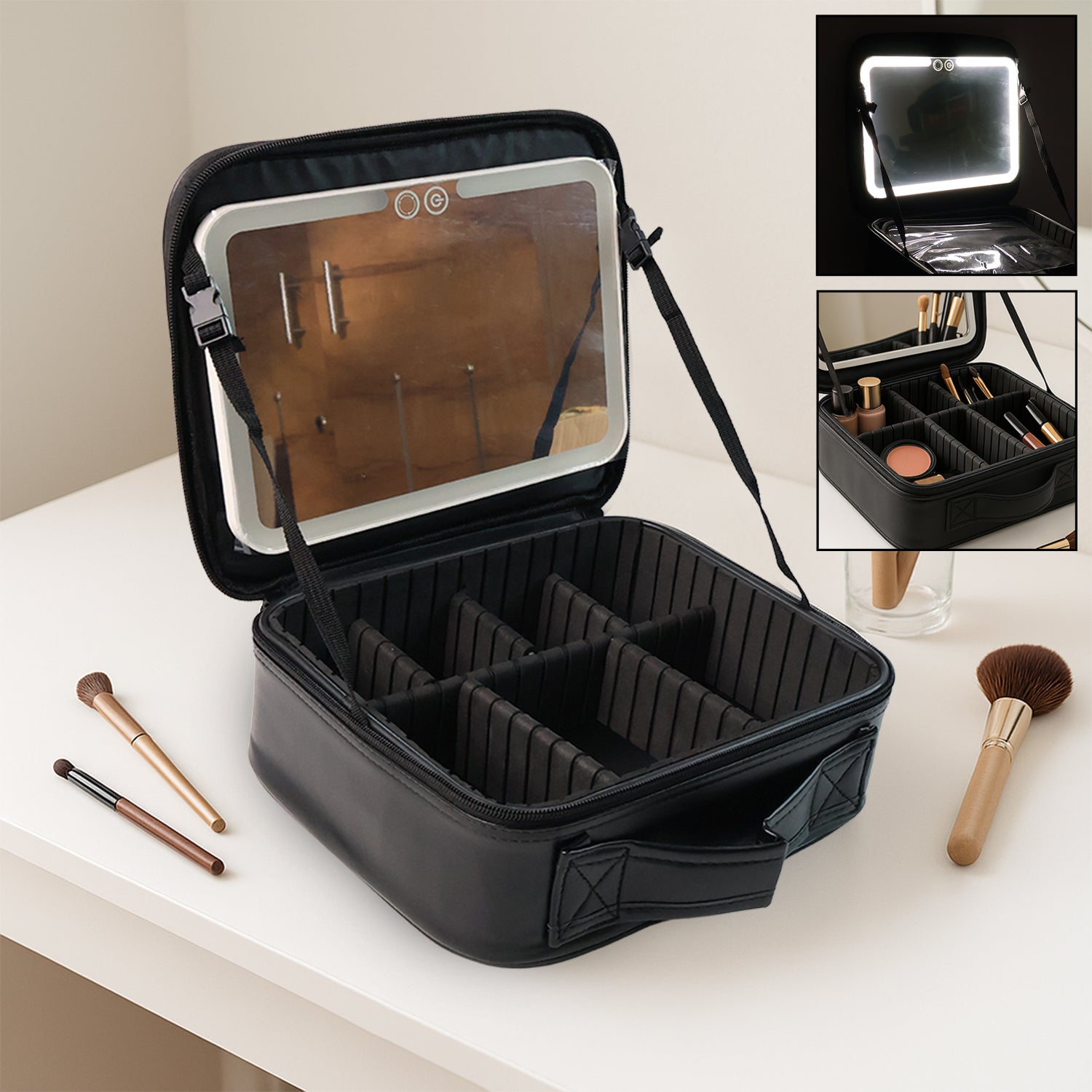 Black LED light makeup organizer box with touch sensor mirror and USB charging port