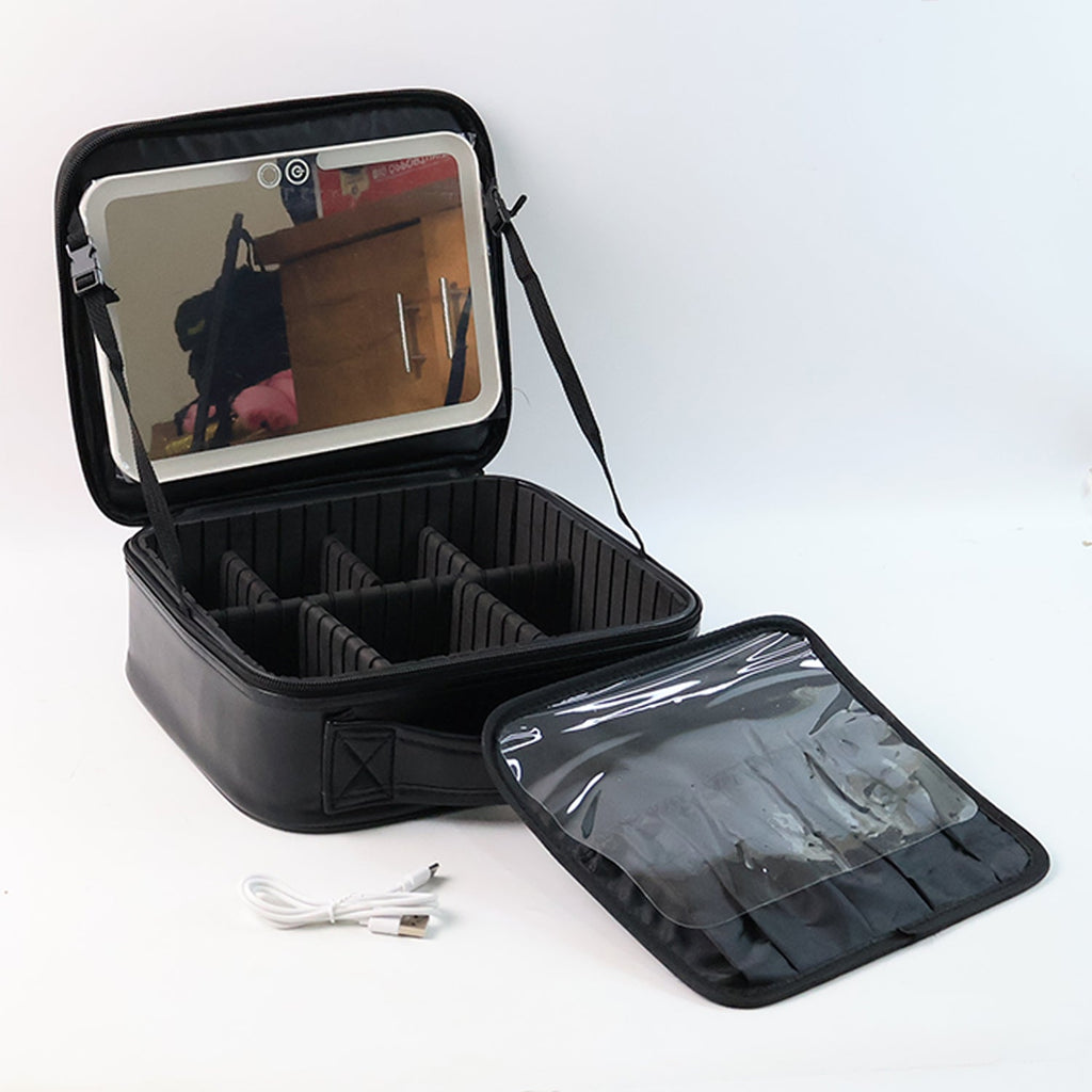 Detailed view of premium black LED makeup organizer box zipper