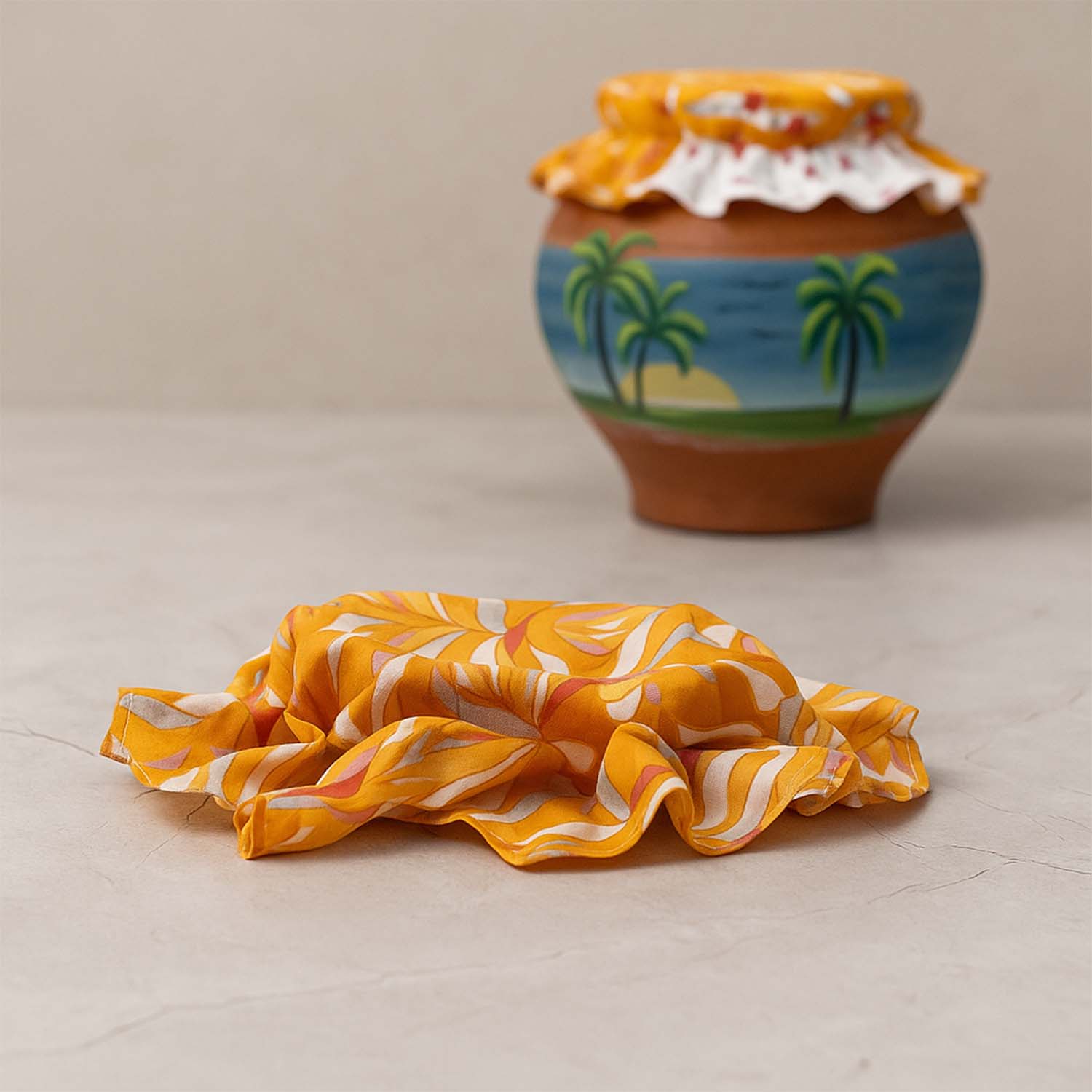 Detailed view of elastic closure on printed matka cover