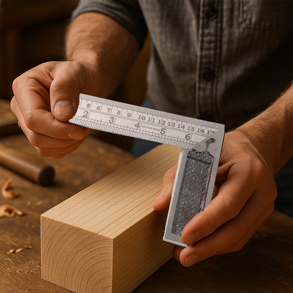 Close-up of metal try square with clear etched measurements on durable steel