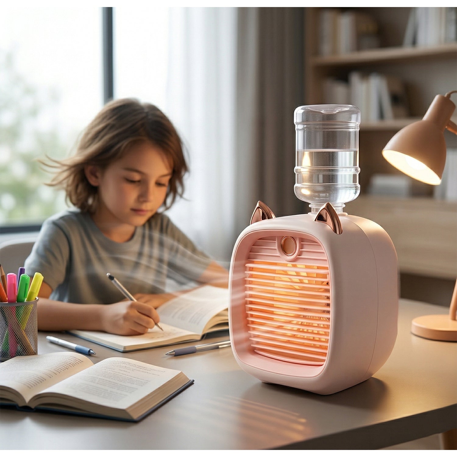 Mini air cooler on desk, compact design for personal use