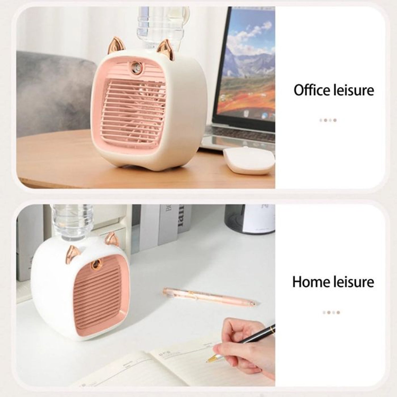 Small portable air cooler fan in use on desk