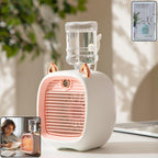 Portable mini air cooler fan front view showing mist spray feature