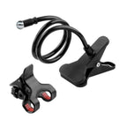 Adjustable phone holder clipped onto a desk, ideal for home or office.
