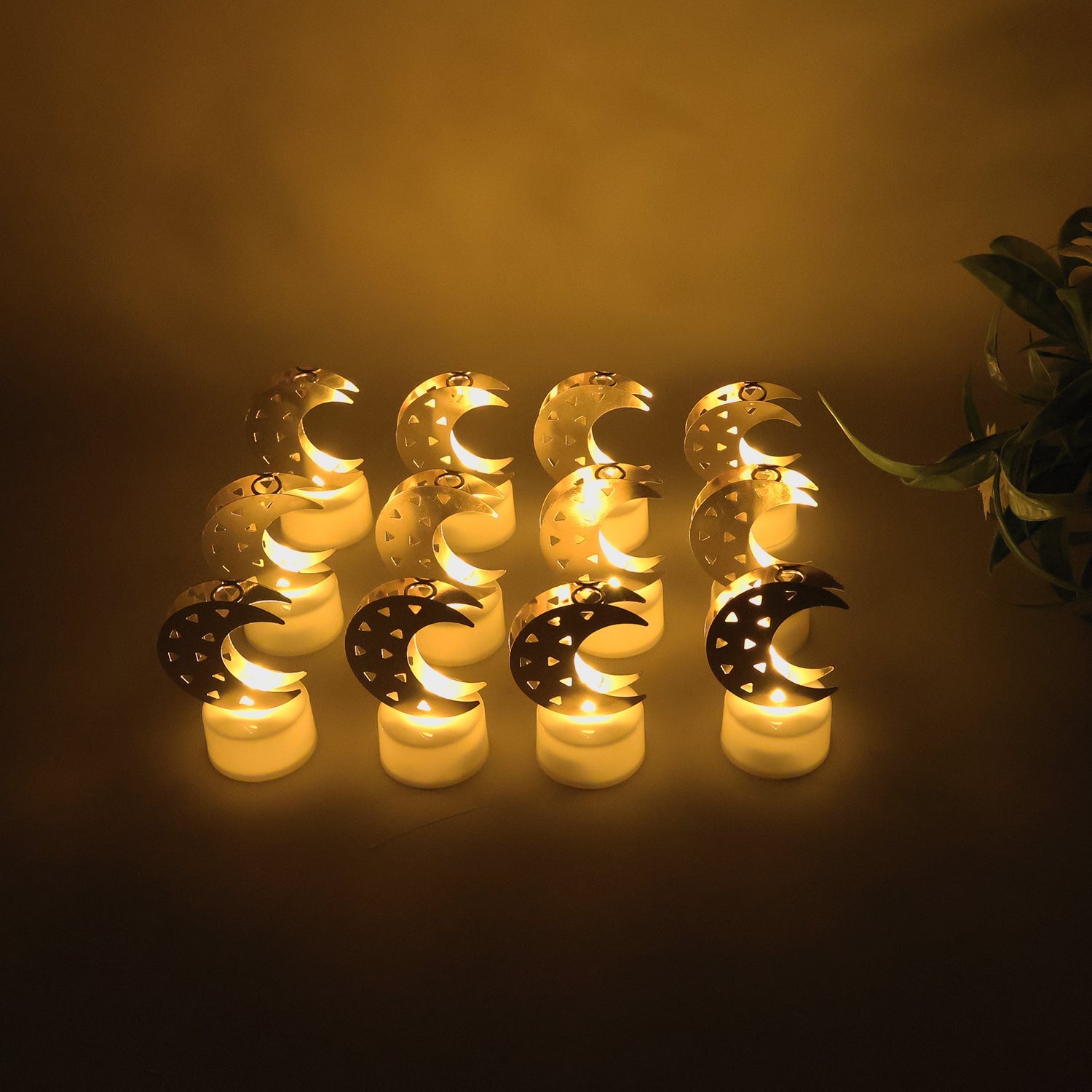 Moon shaped flameless LED candles enhancing cozy home décor ambiance
