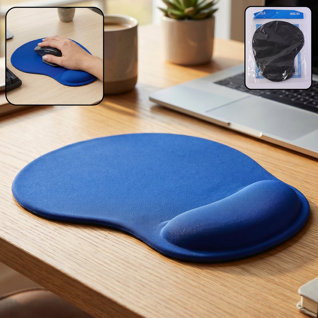 Blue ergonomic wrist rest mouse pad with soft support cushion for comfortable computer use.