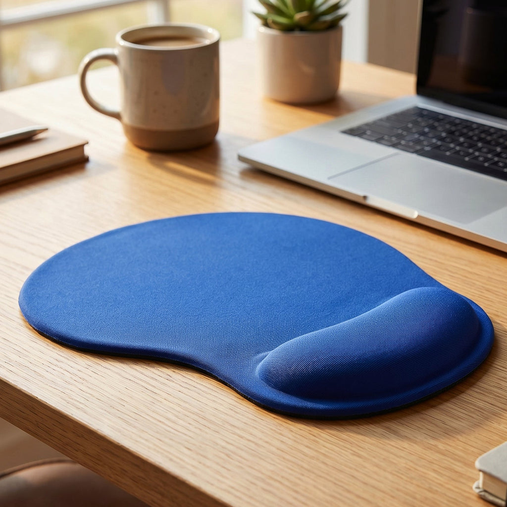 Comfortable blue ergonomic wrist rest mouse pad designed for extended computer sessions.