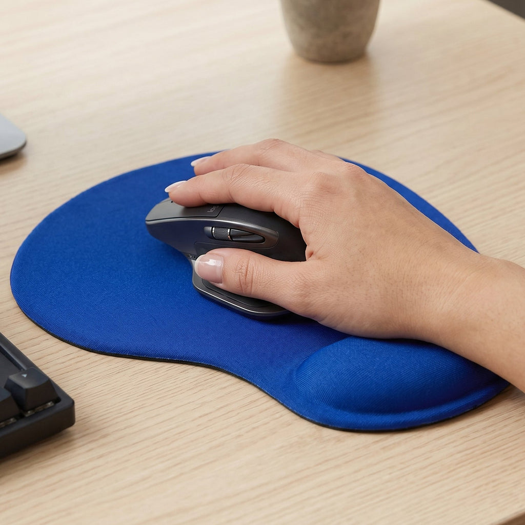 Side view of the ergonomic wrist rest mouse pad, showcasing the thick, soft cushion.