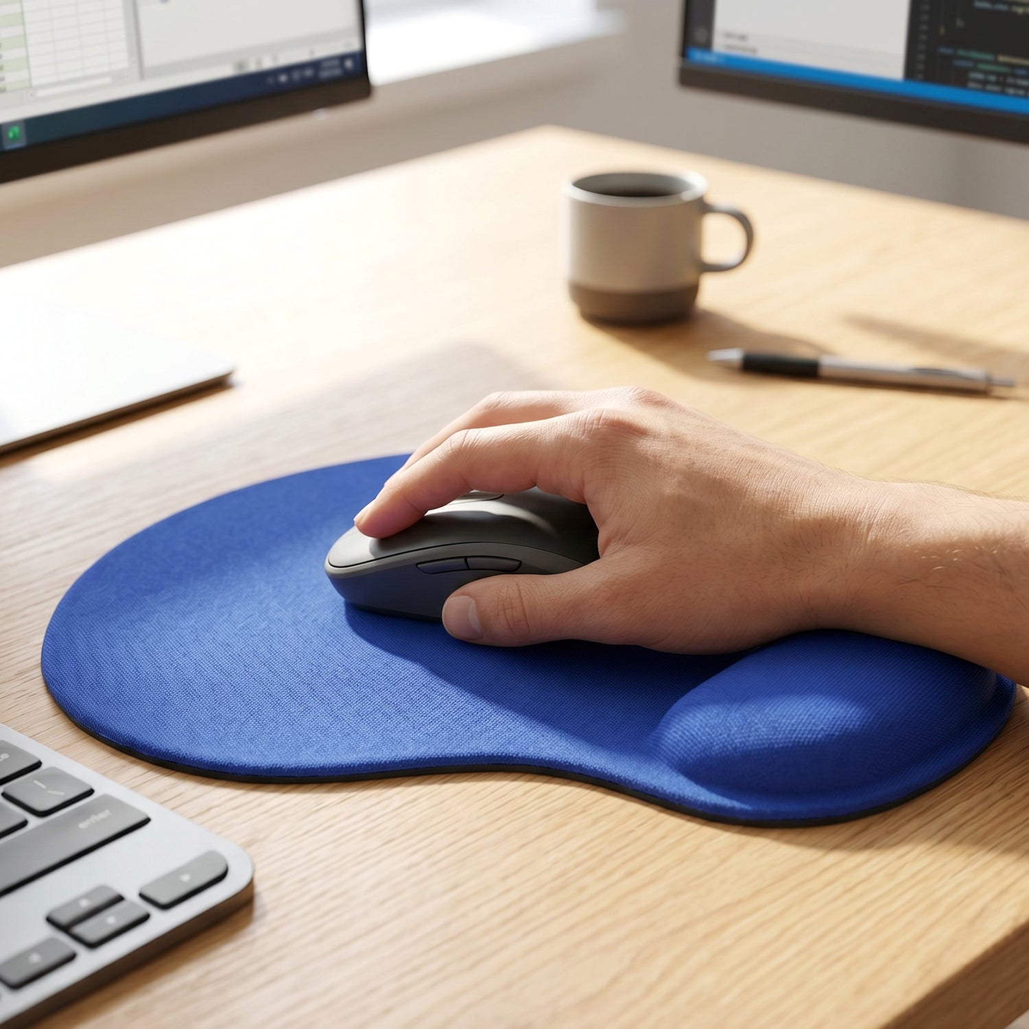 Ergonomic wrist rest mouse pad placed on a desk with a computer mouse, ready for use.