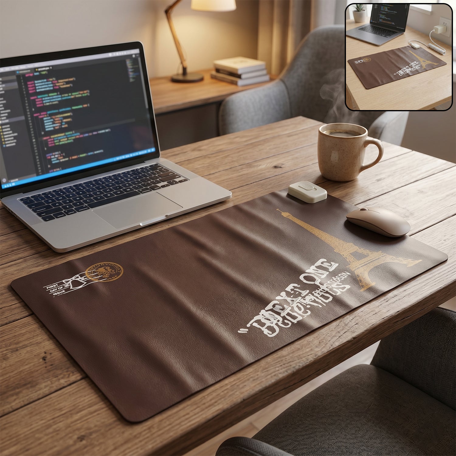 Electric heated mouse pad with adjustable temperature control on a desk.