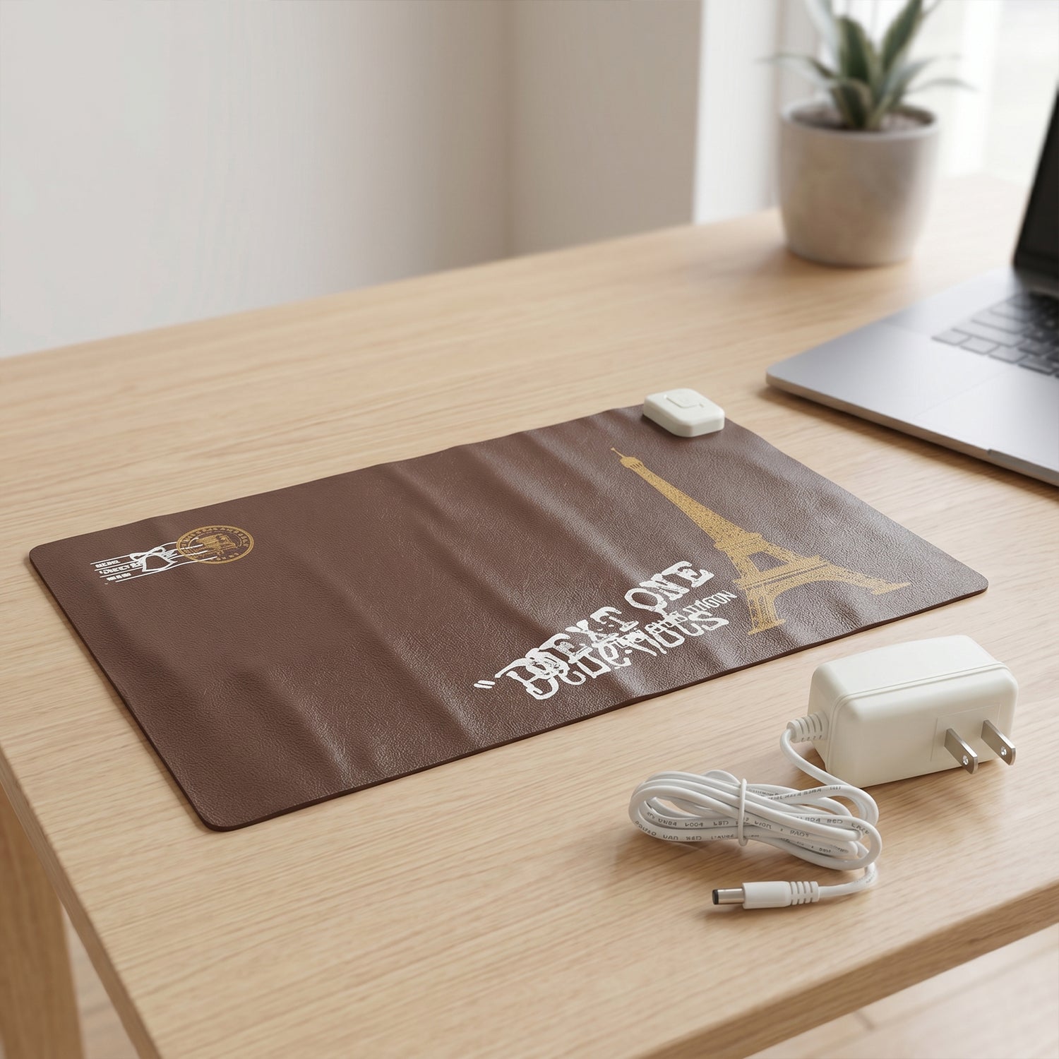 Underside of the heated mouse pad revealing its non-slip base for secure placement.