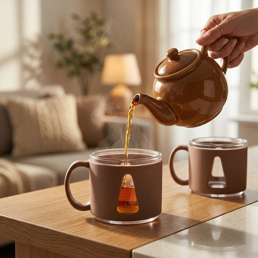 Glass-style ceramic tea cups from the premium set, showcased on a table