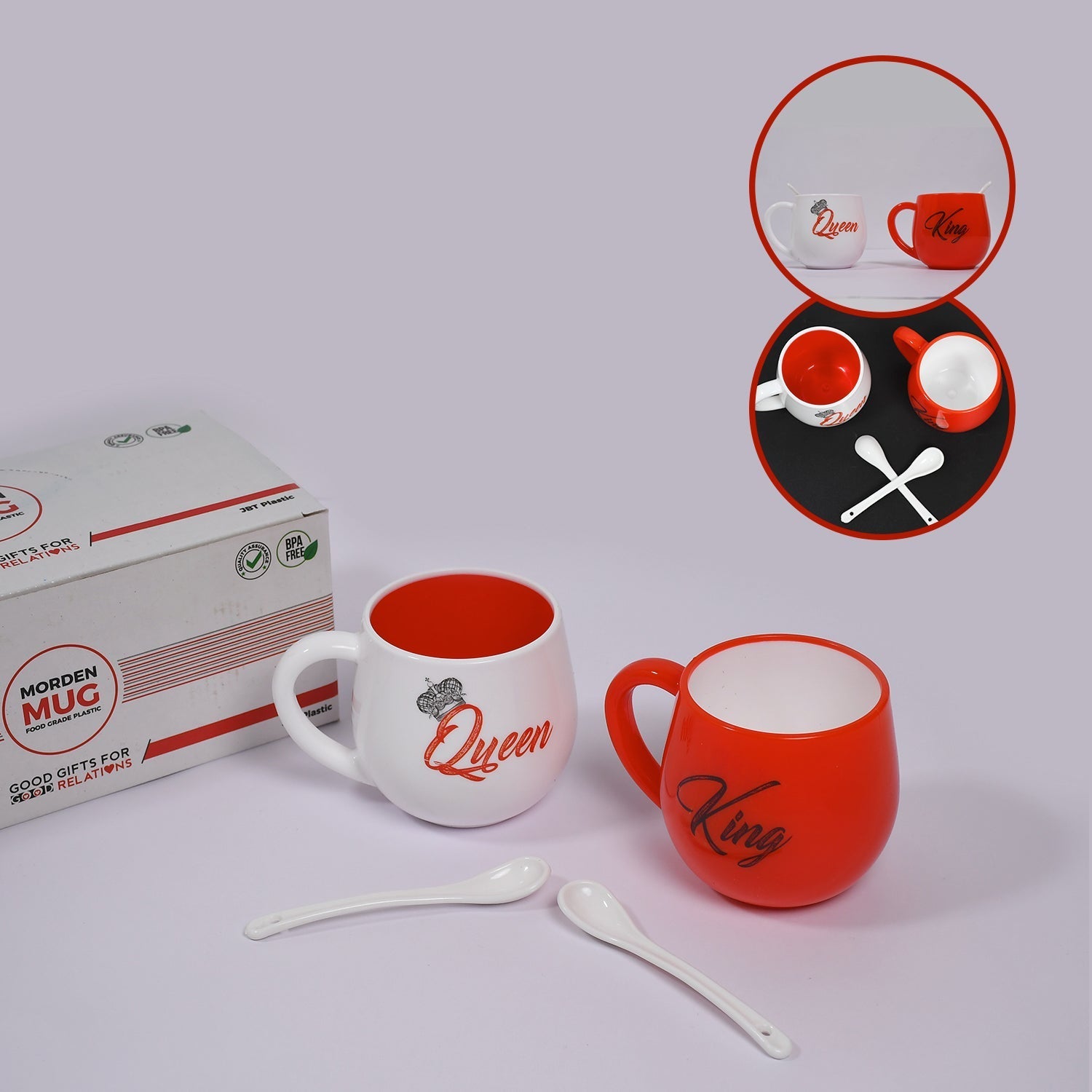 Set of two 300ml plastic mugs featuring King and Queen designs.