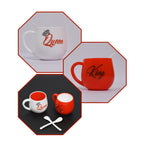 Stylish King and Queen printed couple mugs displayed.