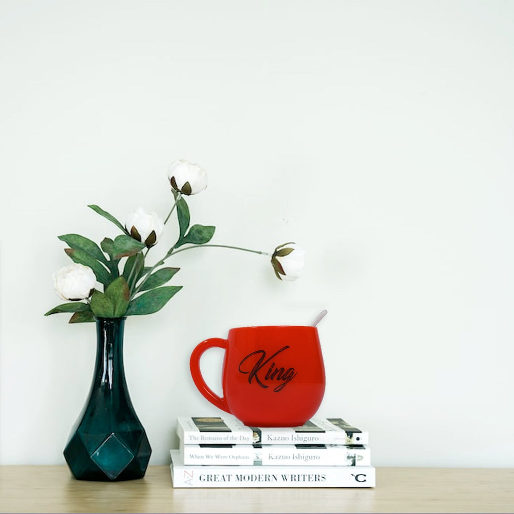Romantic King and Queen printed mugs, ideal for partners.