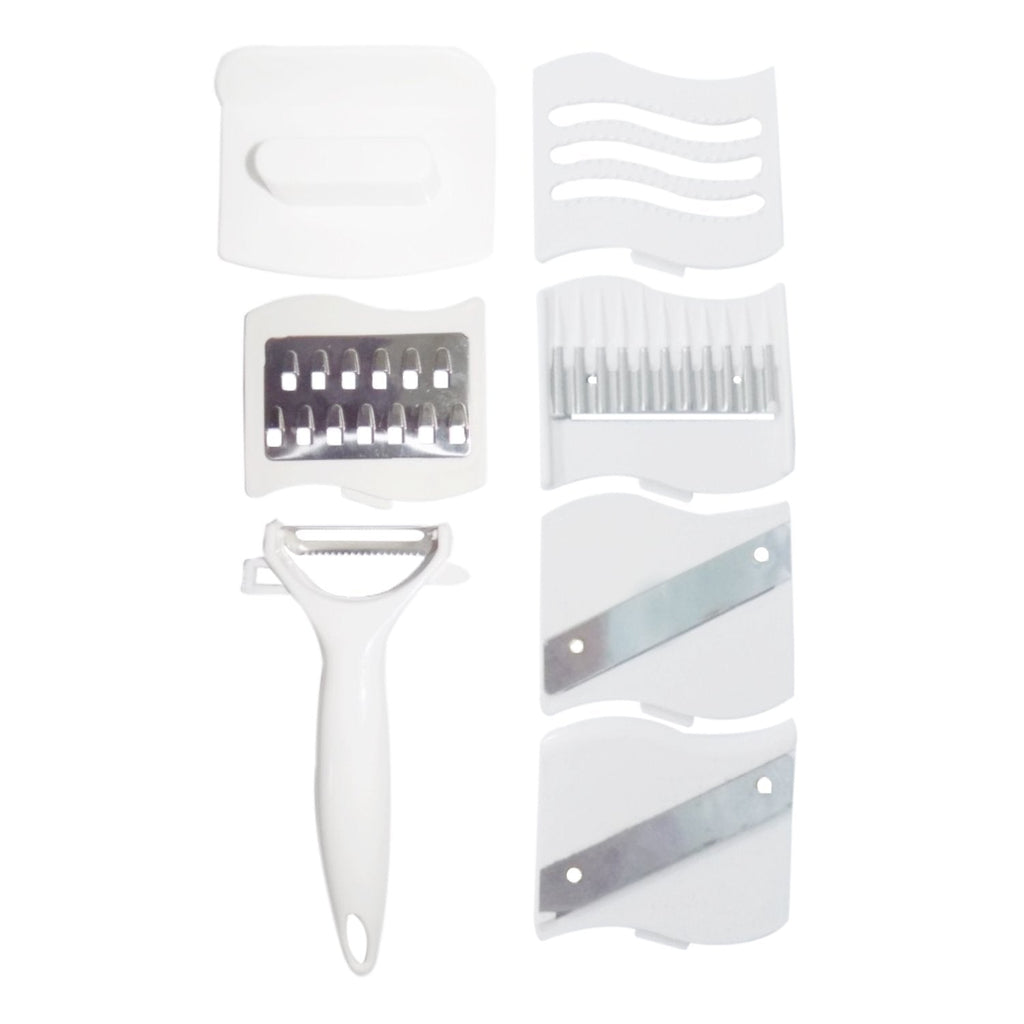 Various slicing and shredding options demonstrated by the 10-in-1 multi-functional vegetable cutter.