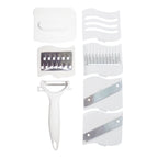 Various slicing and shredding options demonstrated by the 10-in-1 multi-functional vegetable cutter.