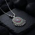 Antique silver-tone floral mandala pendant necklace with enamel accents and hanging ghungroo beads