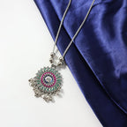 Indian-inspired oxidized silver necklace with floral mandala pendant and beaded chain