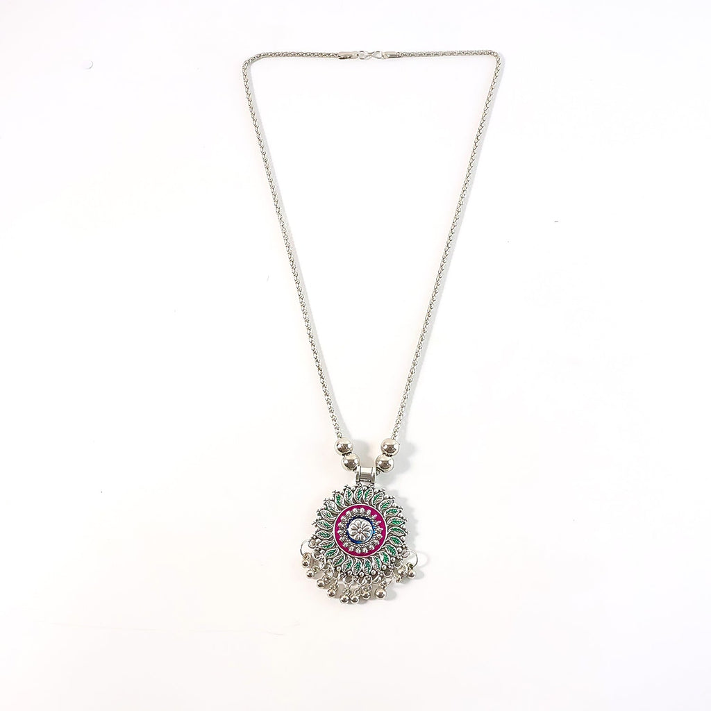 Ethnic floral mandala pendant necklace with vibrant enamel and oxidized finish