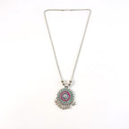 Ethnic floral mandala pendant necklace with vibrant enamel and oxidized finish
