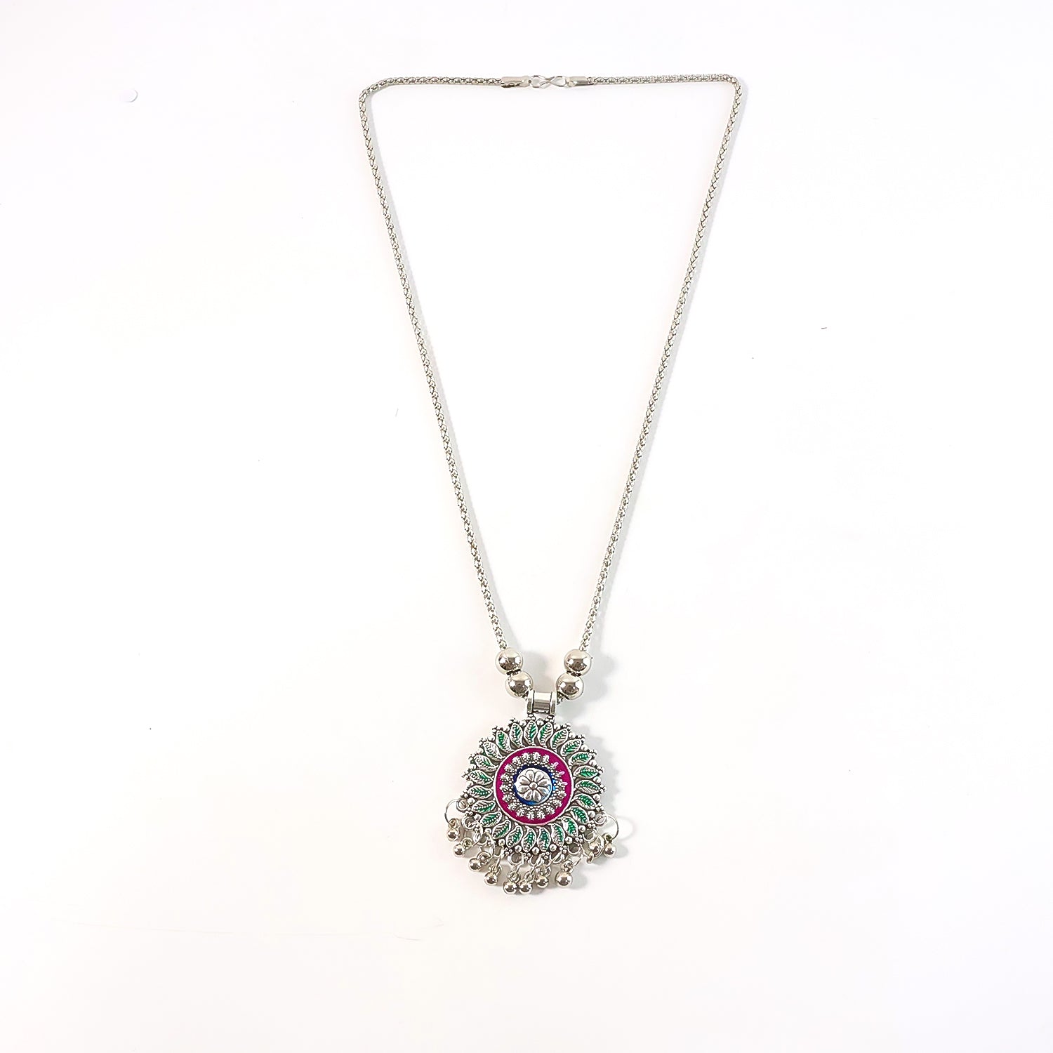 Ethnic floral mandala pendant necklace with vibrant enamel and oxidized finish