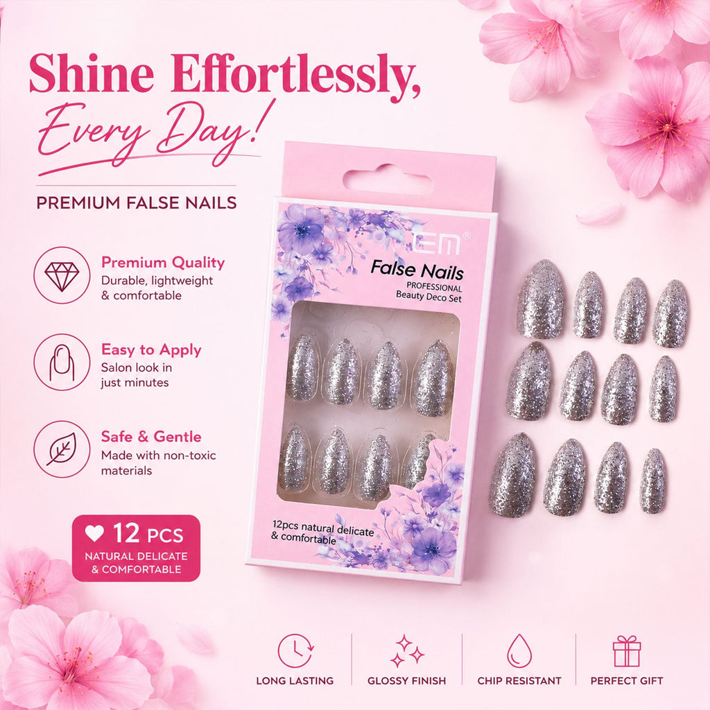 Glossy glitter finish detail on press-on false nails for a sparkling look