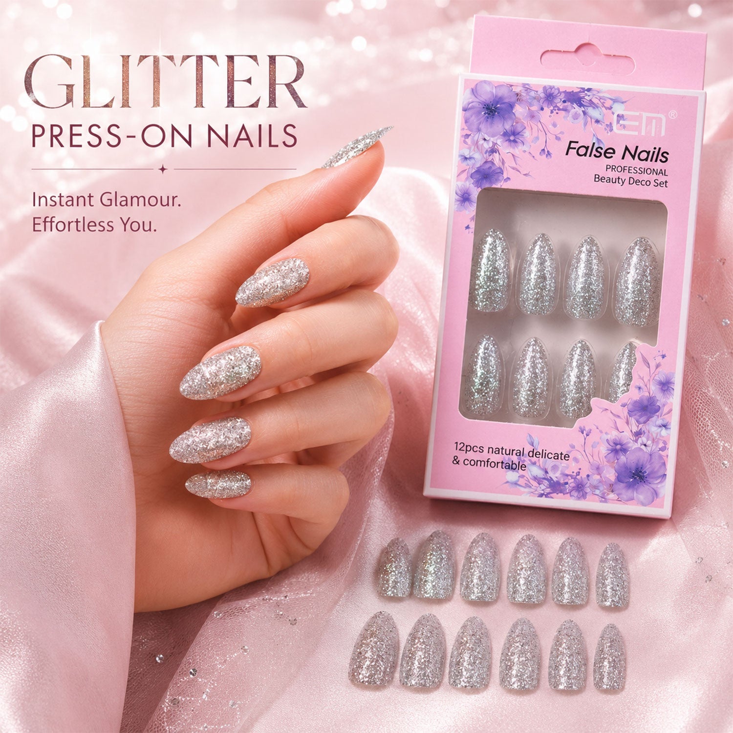 Set of glitter press-on false nails with mixed colors and designs enhancing style