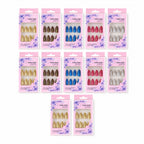 Assorted sizes of glitter press-on false nails laid out for perfect fit