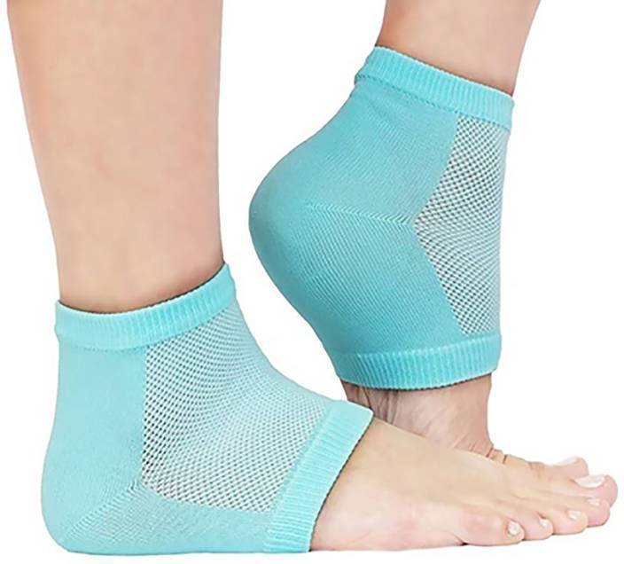 Pair of multicolor silicone gel heel socks for pain relief.