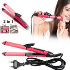 Ergonomic hair styling tool with ceramic plates for dual use.