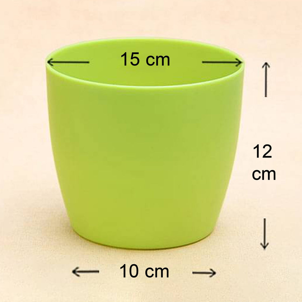 Pair of green round plastic flower pots, highlighting their practical and aesthetic appeal.