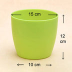 Pair of green round plastic flower pots, highlighting their practical and aesthetic appeal.