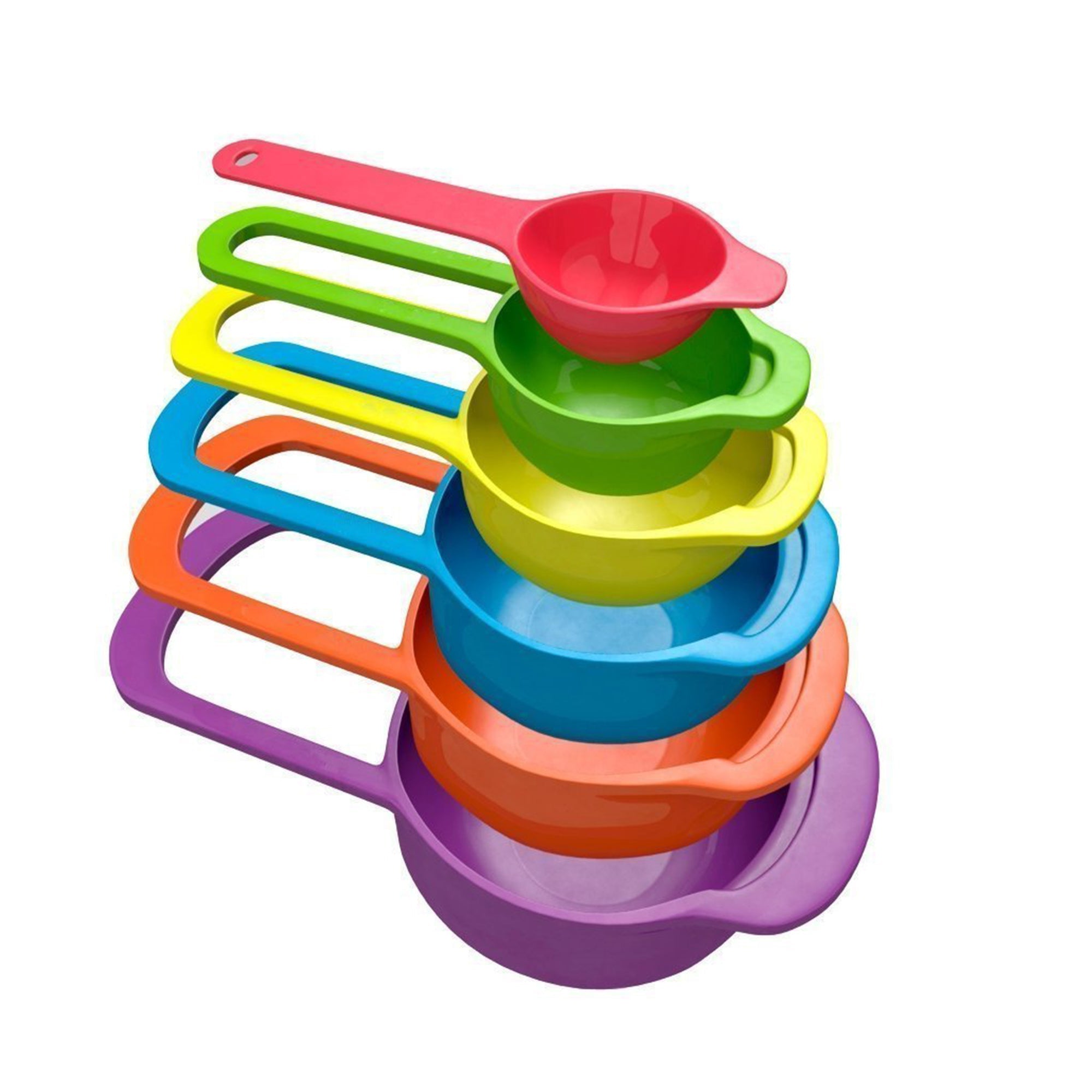 Set of 6 colorful plastic measuring spoons in various sizes, neatly arranged.