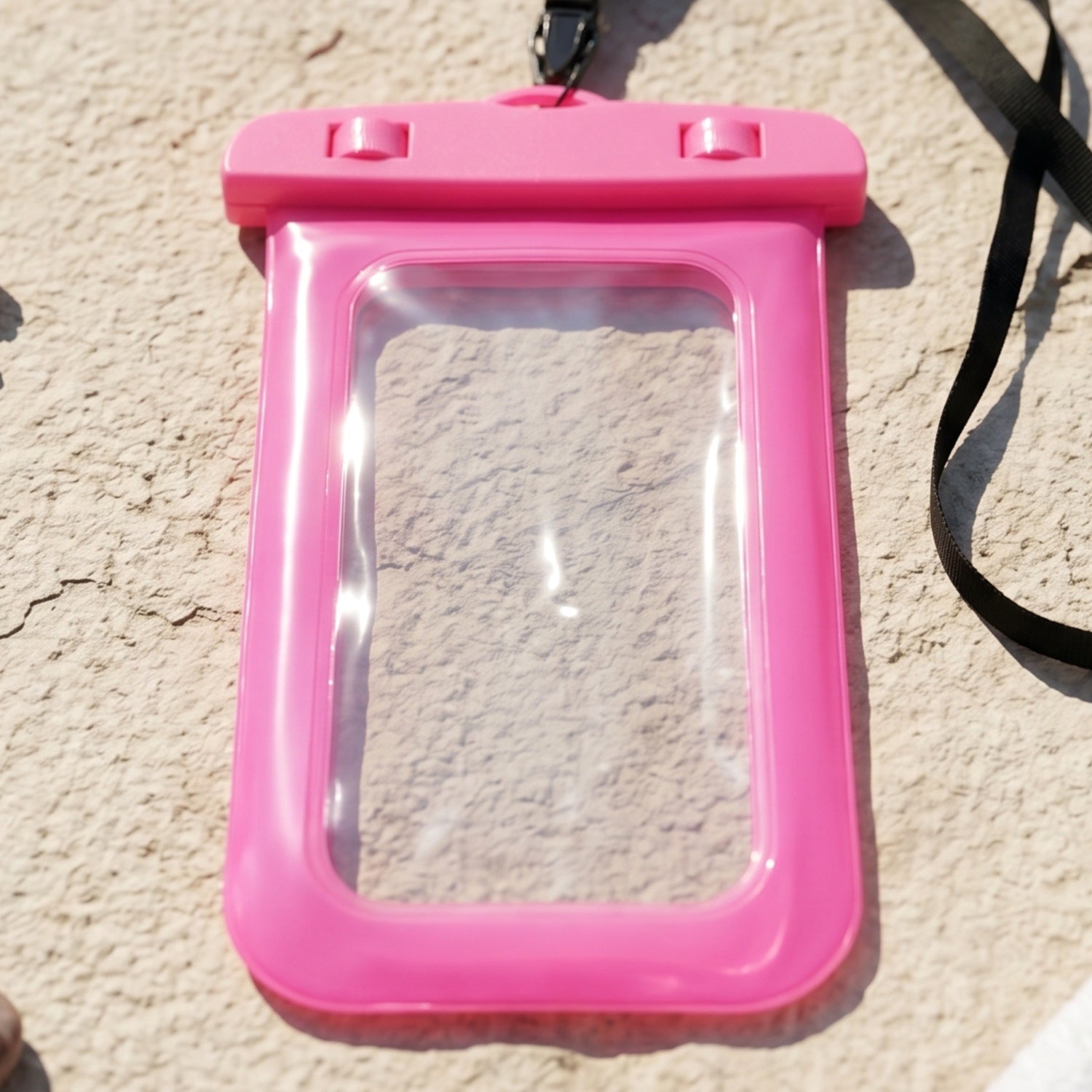 Closeup of pink waterproof pouch material and seal integrity