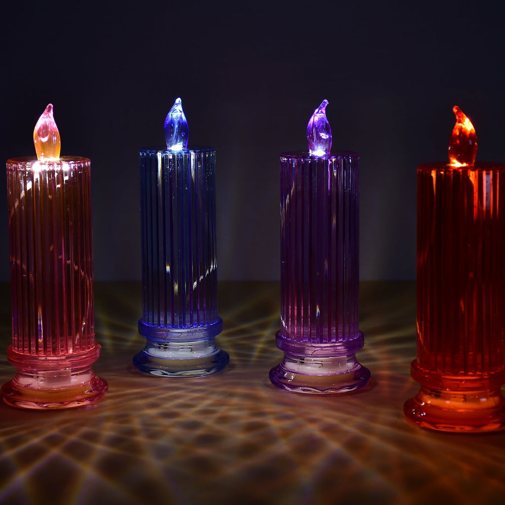Multicolor LED Crystal Candle with swirling glitter, perfect for festive home decor.
